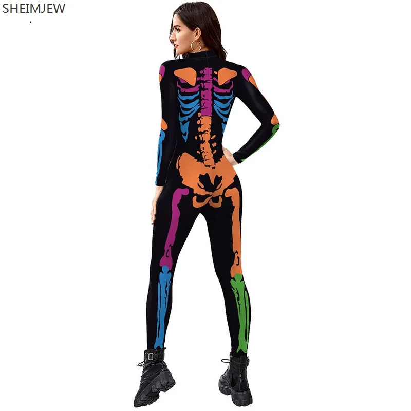 Disfraz de Halloween con estampado 3D de calavera fluorescente, mono Sexy para adultos, ropa de fiesta de carnaval, S-XL