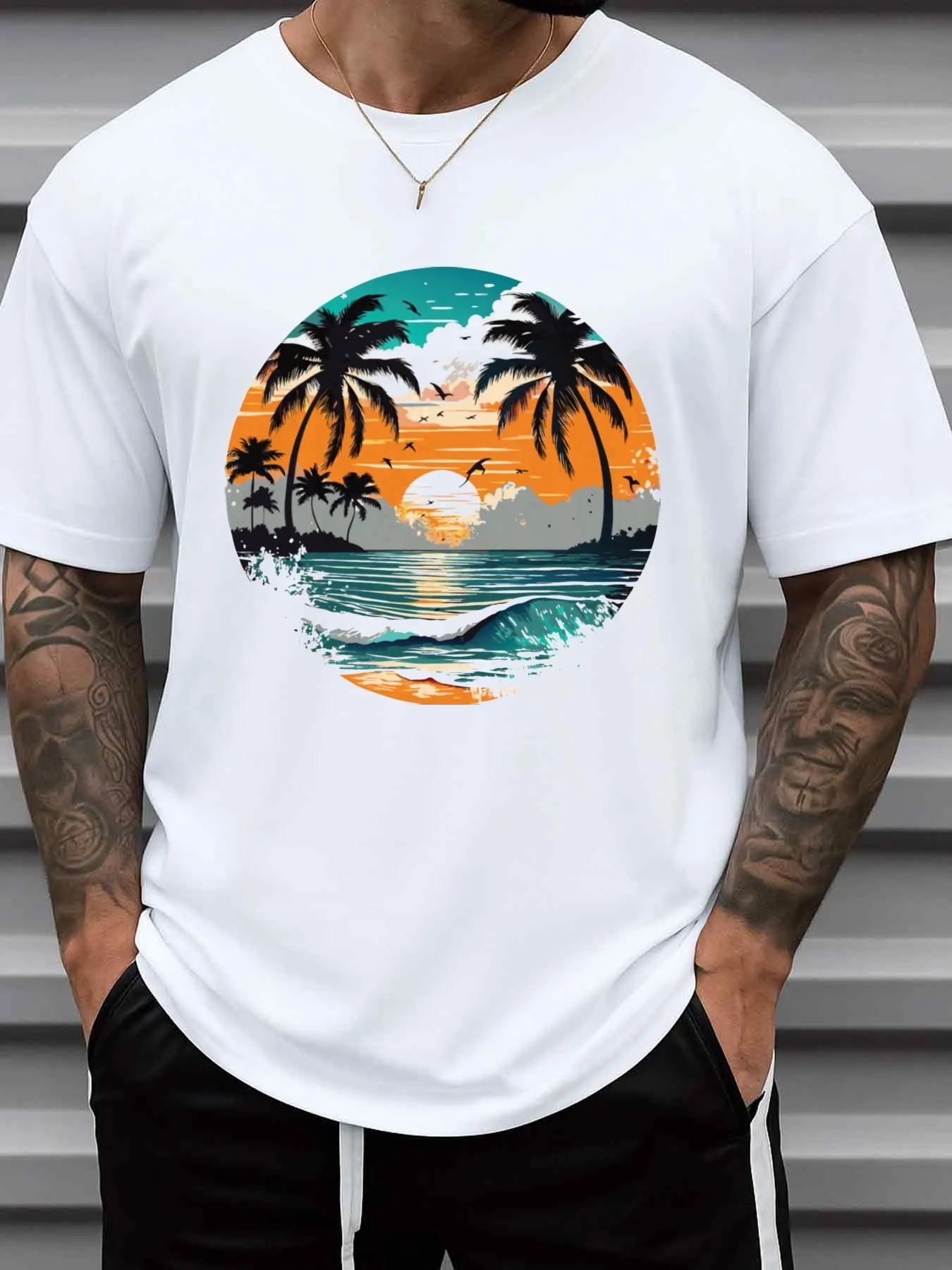 Men's Pure Cotton T-Shirt with Palm Tree and City Print, White Casual Round-Neck Short-Sleeve Shirt, Street Style Y2K Style New York Outfit, Suitable for Spring and Autumn Layering, Summer Wear, Machine Washable Urban Casual Wear