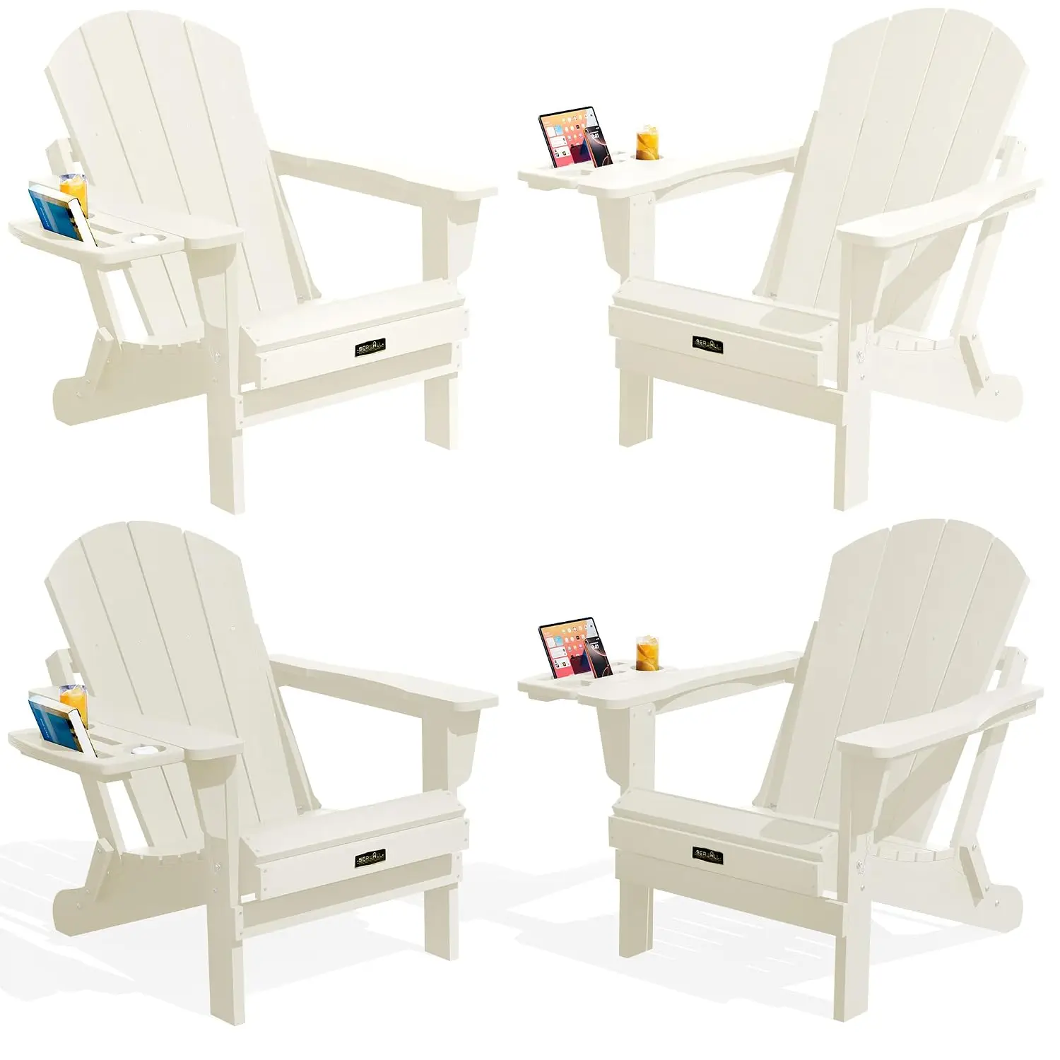 All Weather Folding Adirondack Chair Set 4, Built-in Cup Holder, Plastic Lawn Porch Outdoor Patio Seating, Customized