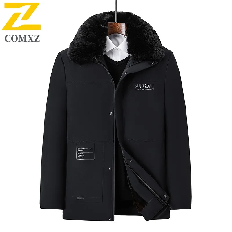 COMXZ Men Quilted Jacket Fur Collar High-End Business Handsome Windproof Travel Padded Jacket Work Cold Proof Winter Jacket