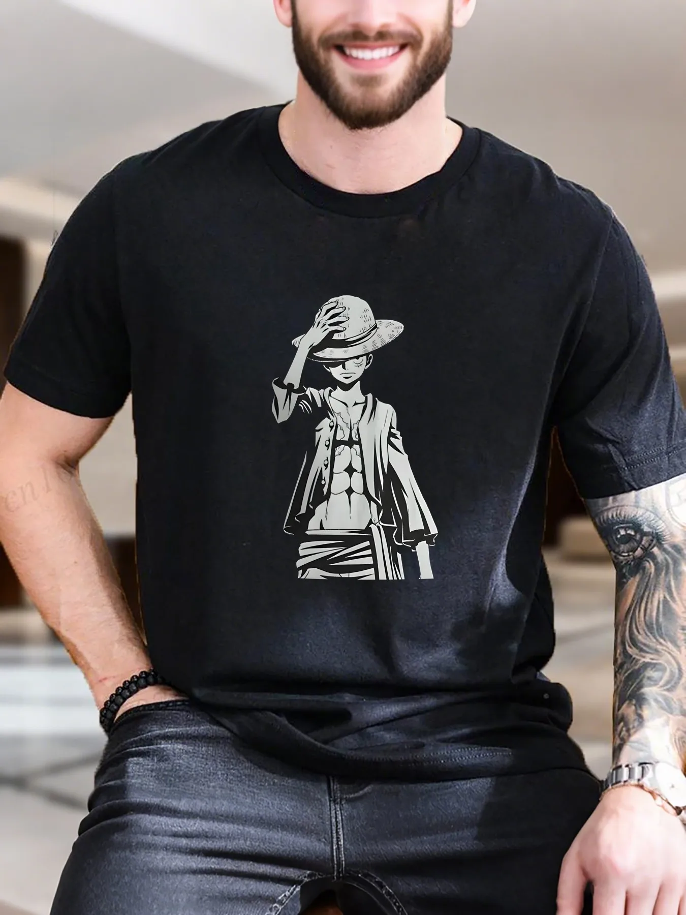 

New Arrival Fashion Anime Print T-Shirt Men's 100% Cotton Breathable Casual Tee with Stylish Hat & Tie Character Design Trendy Str