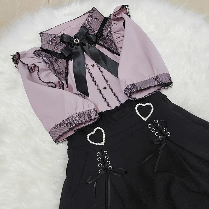 Kawaii النساء القمصان Jirai Kei لوليتا Y2K لطيف النمط الياباني بلوزة أنيقة طويلة الأكمام الحلو القمم قميص الجمالية غير رسمية 2024