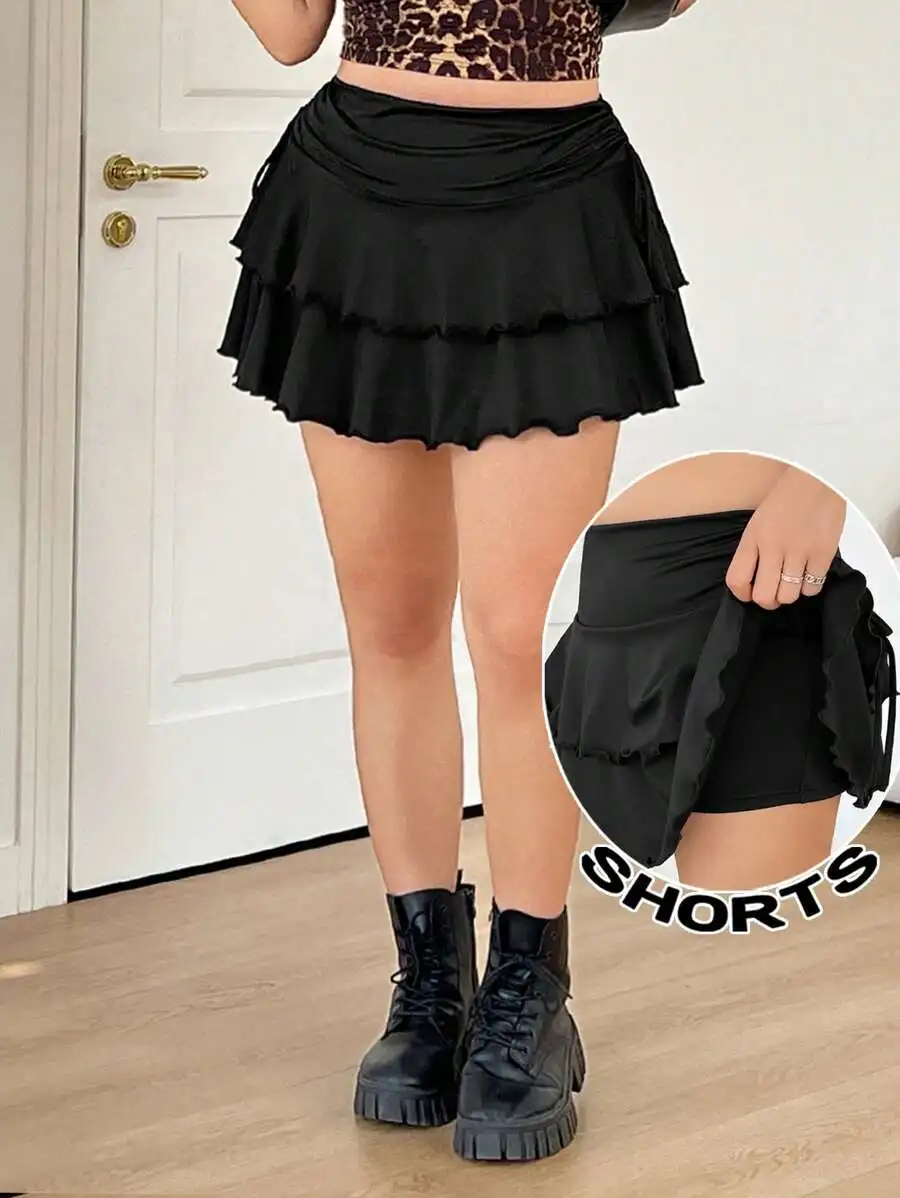 

Black Tiered Ruffled Skort with Side Drawstring, A-Line Mini Skirt with Built-in Shorts