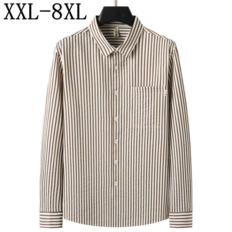 

8XL 7XL 6XL 2025 New Fall High End Luxury Striped Shirt Man Clothing Business Casual Mens Shirts With Pocket Loose chemise homme