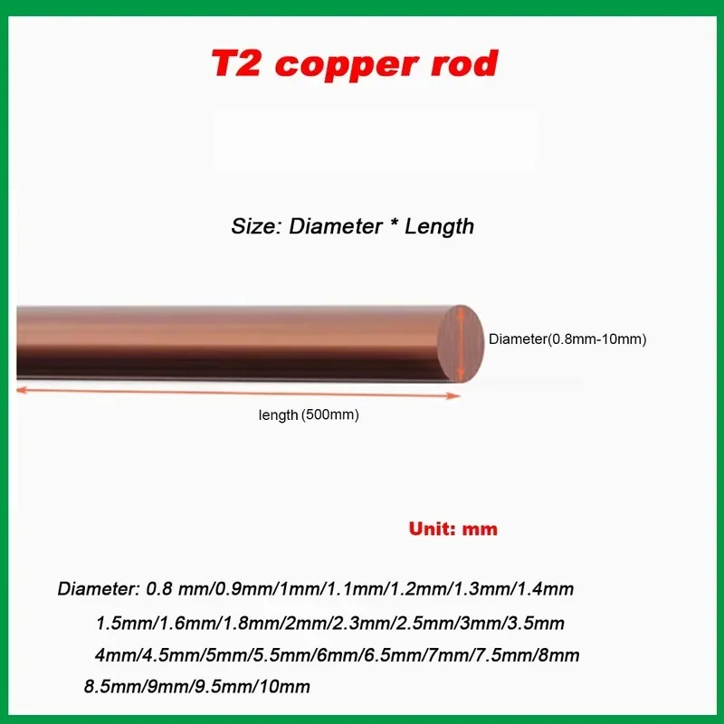 Solid T2 Red Copper Rod Thin Cylinder 1mm 1.2mm 1.5mm 1.6mm 1.8mm 2mm 2.5mm 3mm For Electrode