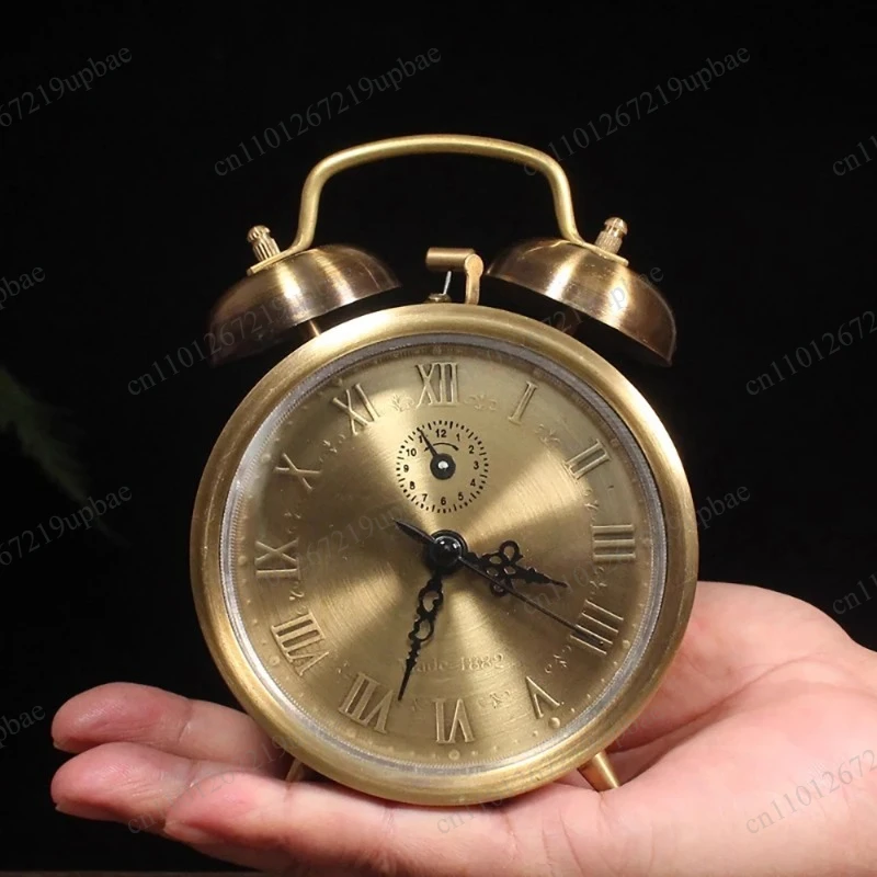 Solid Brass Vintage Style Mechanical Key-Wind Alarm Clock, Classic Hand-Wound Desk Clock for Home Decor