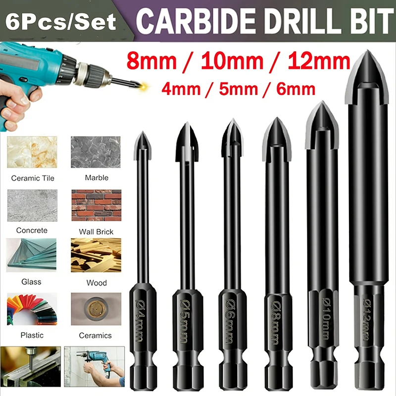

6PCS Multifunctional Drill Bits Set Tungsten Ceramic Triangle Drill Bit Set For Ceramic/Tile/Concrete/Brick Wall Drilling Tools