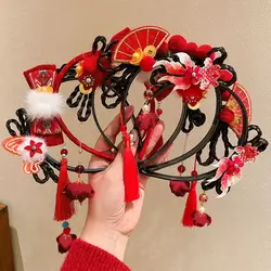 Children New Year Wig Braided Headband Chinese Ancient Style Girl Tang Suit Red Tassel Hair Clip Headwear Hanfu Headdress
