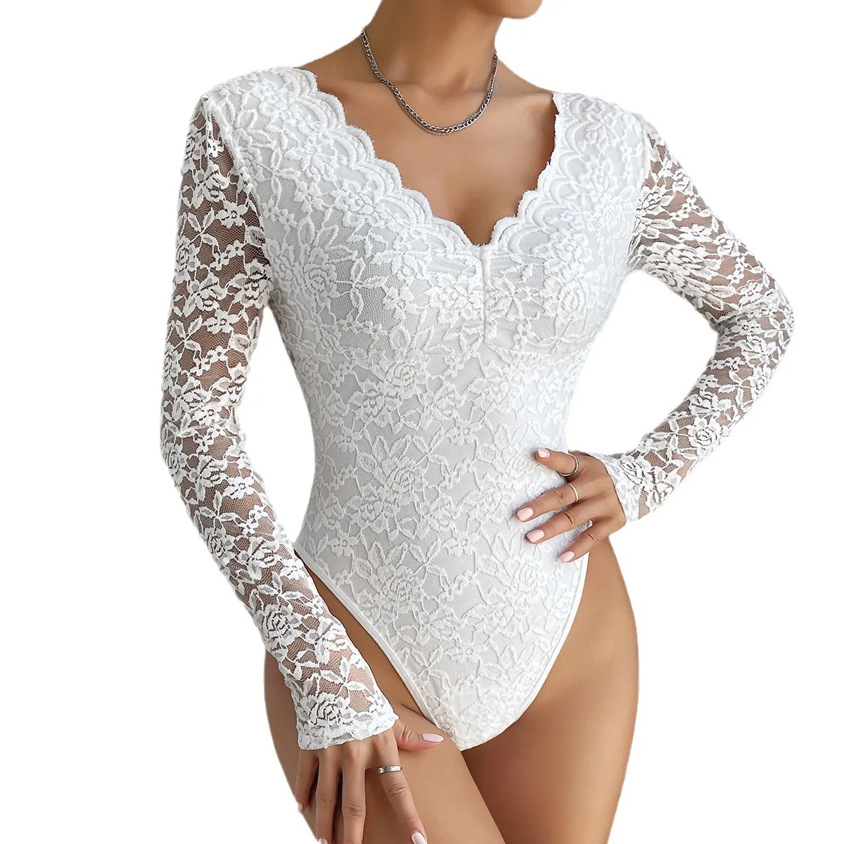 

Seductive Bodysuit, Transparent Floral Mesh Bodysuit, Figure Hugging Stretch Bodysuit, Solid Color Transparent One Piece