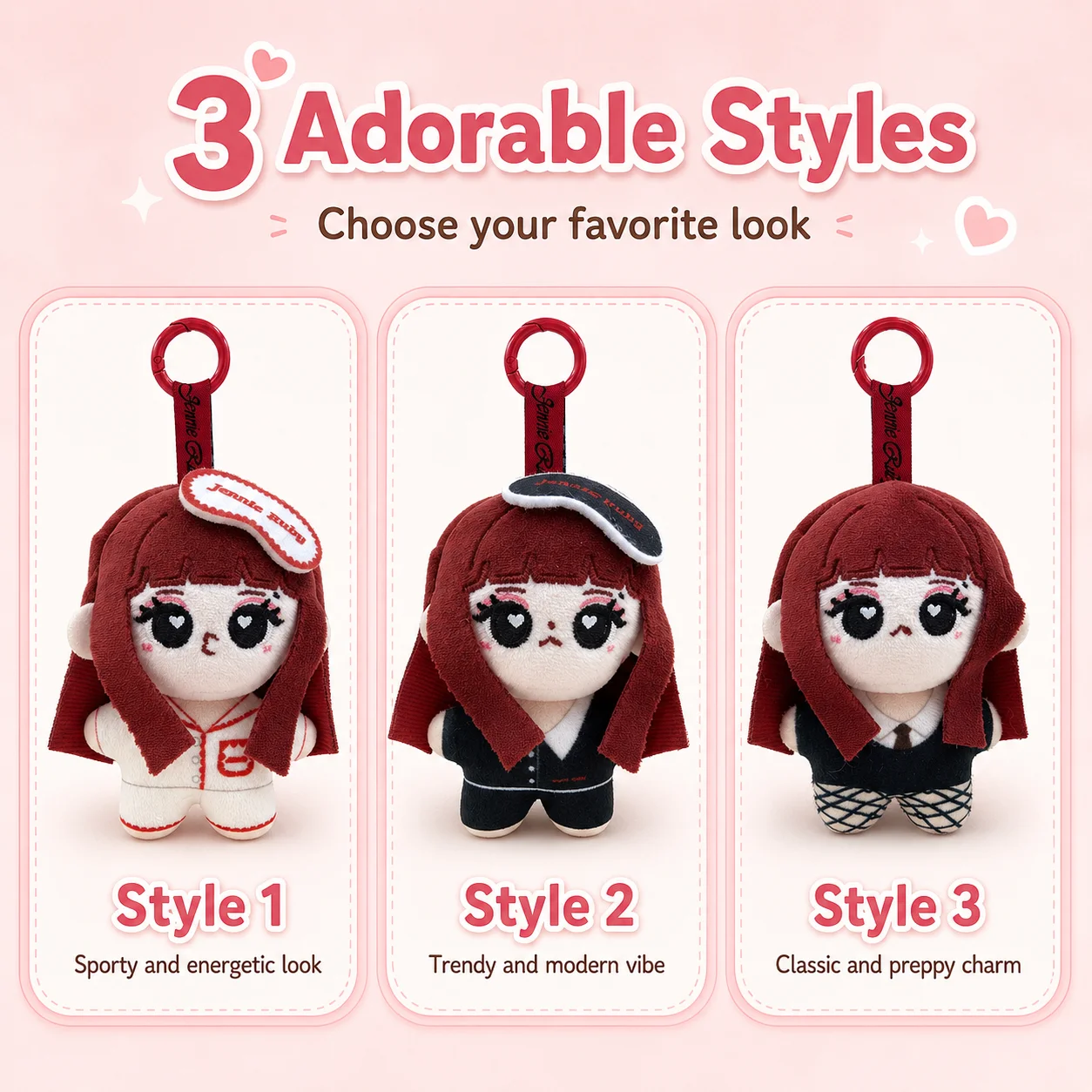 Cute Jennie Ruby Plush Keychain Red Brown Hair Girl Bag Charm Heart Eye Stuffed Toy Pendant Viral Trending Gift view 6