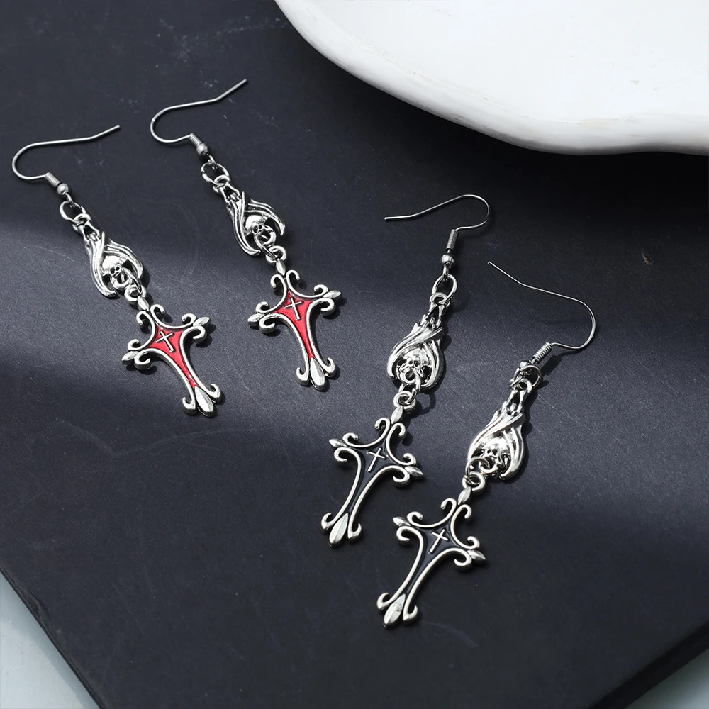 Trendy Gothic Sliver Color Vampire Bat Red Drip Glazed Cross Dangle Earrings for Women Halloween Party Stainless Steel Jewelry