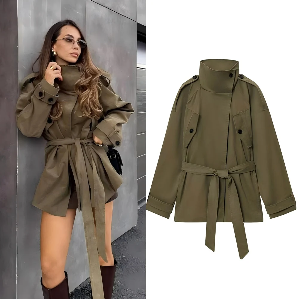 

Women's new fashion with Belt loose stand collar cotton Windbreaker coat retro long sleeved buttoned women's coat chic top
