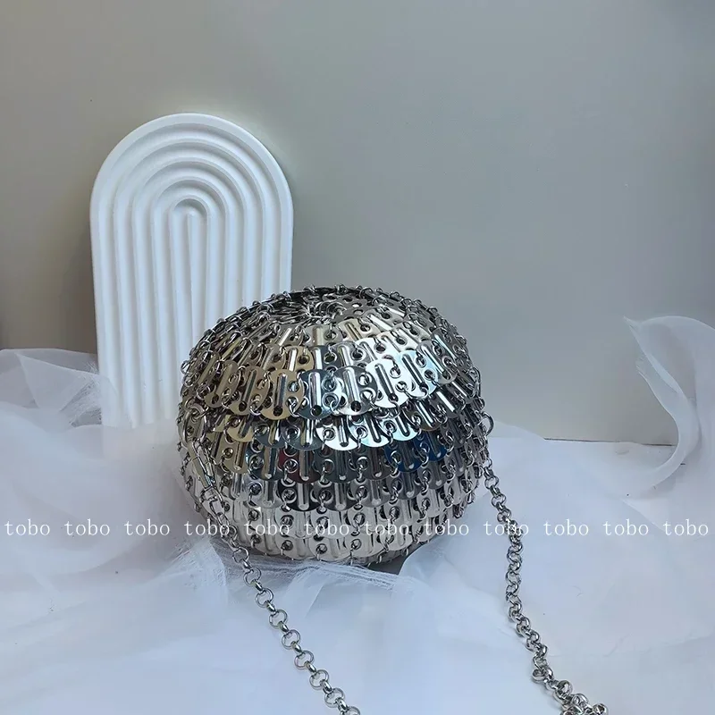 Handmade Silver Metal Shiny Bling Ball Shape Fashion Women's Bag 2024 Crossbody Bags Three-dimensional Spherical Beads Lunch Bag