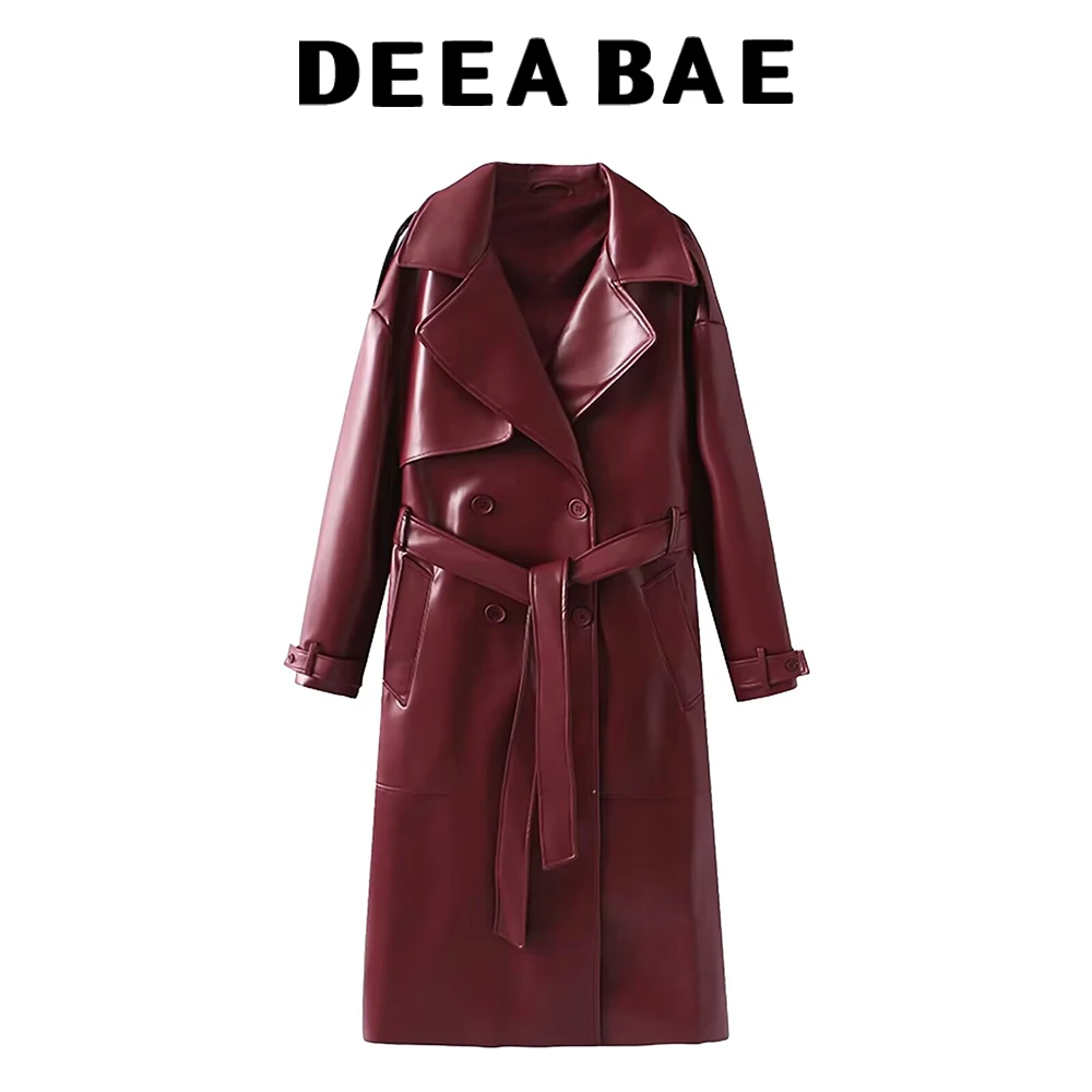 DEEABAE, solapa holgada de manga larga a la moda de otoño para mujer con cinturón suelto, chaqueta cortavientos larga de piel sintética