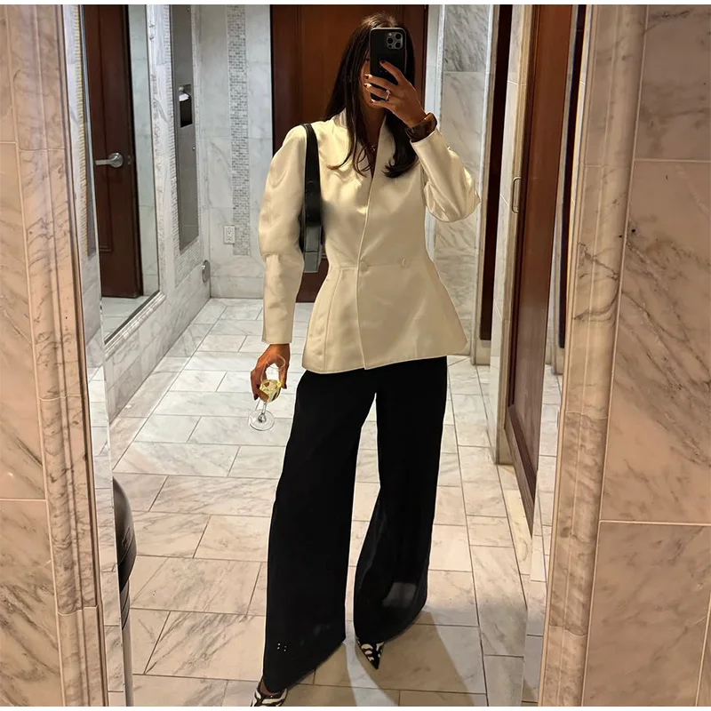 Satin V-Ausschnitt Tailliertes Anzugjackett für Damen Elegante Langarm Doppelreihige Schlichte Schlanke Mäntel Modische Damen Neue Oberbekleidung – Detail 6