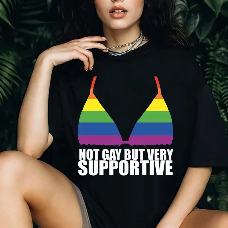 

Not Gay But Very Supportive T Shirt Funny Rainbow Bikini Pride Graphic Tee LGBTQ Ally Casual Short Sleeve Top Men Women
