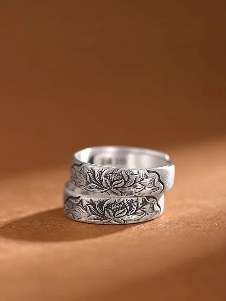 New Silver Color New Lotus Retro Ring Men and Women Couple Rings National Style Self-discipline Niche Fashion Jewelry