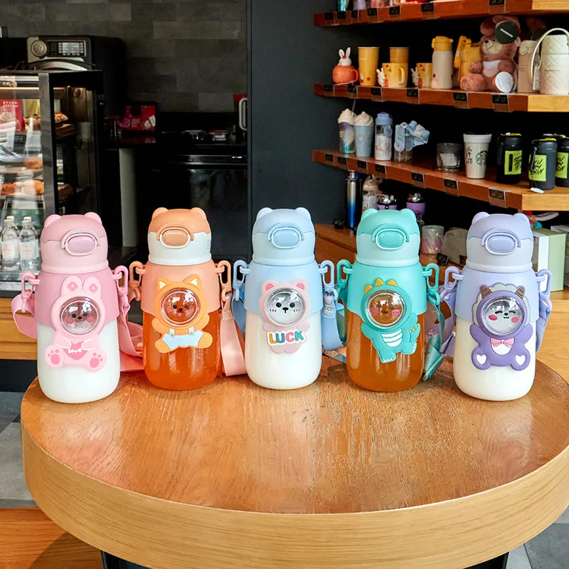 Summer New High Temperature Resistant Cartoon Straw PC Plastic Cup Outdoor Portable Cute Children Students Learning To Drink Cup