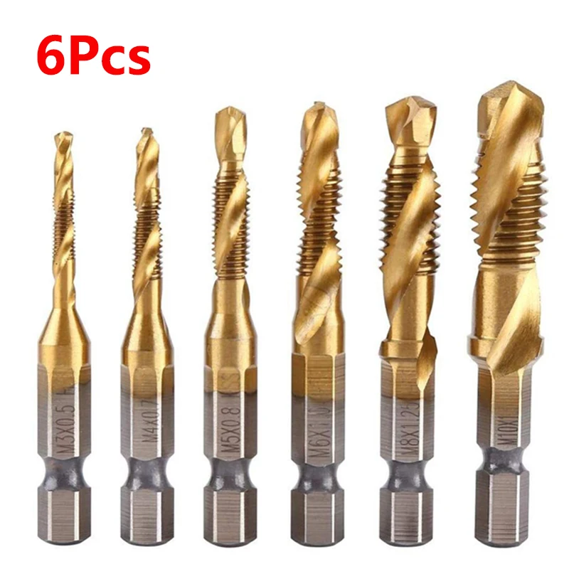 6Pcs Tap Drill Bit Set Hex Shank Titanium Plated HSS Screw Thread Bit Screw Machine Compound Tap M3 M4 M5 M6 M8 M10 Hand Tools