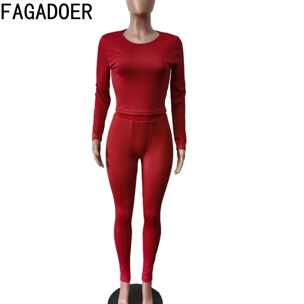 FAGADOER Autumn Winter New Ribbing 2 Piece Sets Women Outfit Solid Long Sleeve Crop Top + High Waist Leggings Suits Sportswear