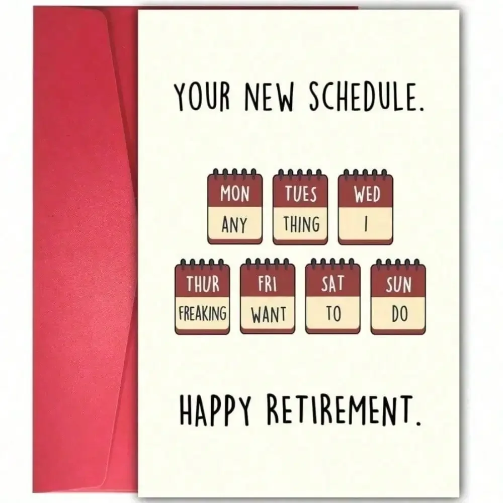 1 tarjeta de felicitación divertida para el retiro, diseño de nuevo horario divertido, interior en blanco