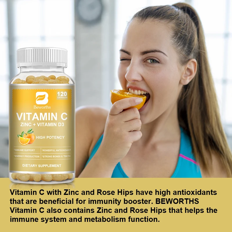 BEWORTHS Vitamin C & Zinc Capsule with Vitamin D3 Strong Antioxidant Collagen Booster Immune System and Skin Health Supplements