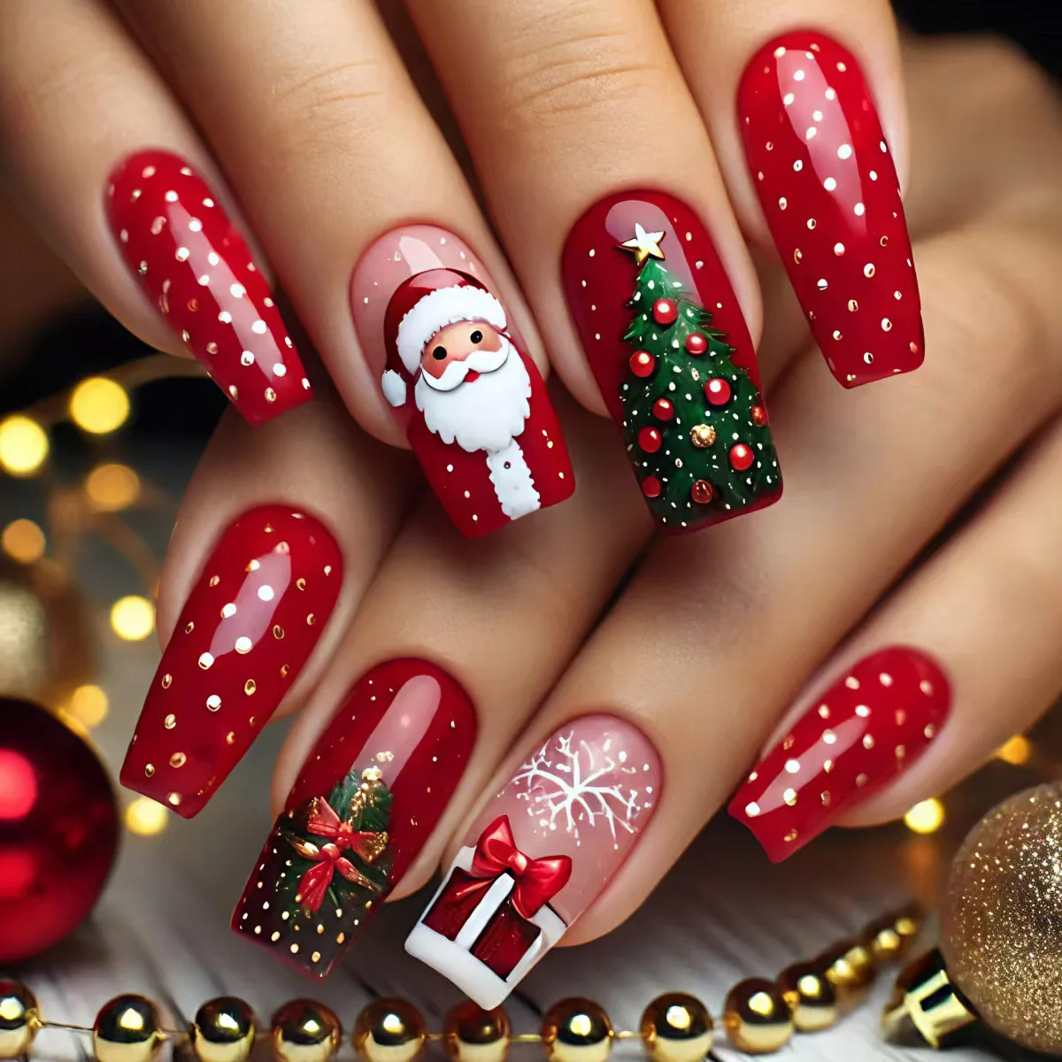 24pcs Red Santa Claus Christmas Tree Press On Nails Red Style Designs Fake Nail Sweet Almond False Nails For Women