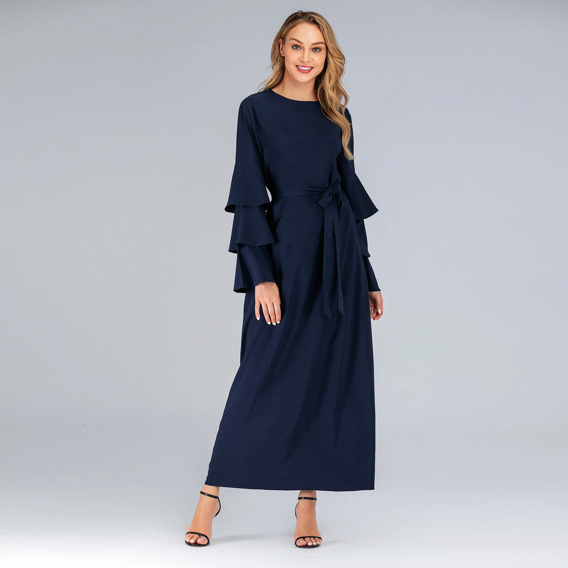 Women Muslim Elegant Abaya Lace-up Multilayer Long Sleeves Round Neck Ladies Dress Middle Eastern Dubai Turkey Solid Daily Robe