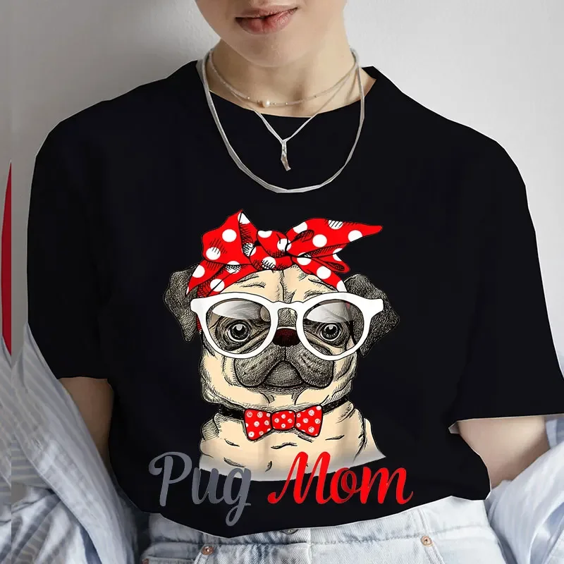 Pug Mom Print T-Shirt Women\'S Clothing Funny Cartoon Tee Tshirt Femme Dog Lover T Shirt Female Harajuku Tee Shirt Streetwear Y2k