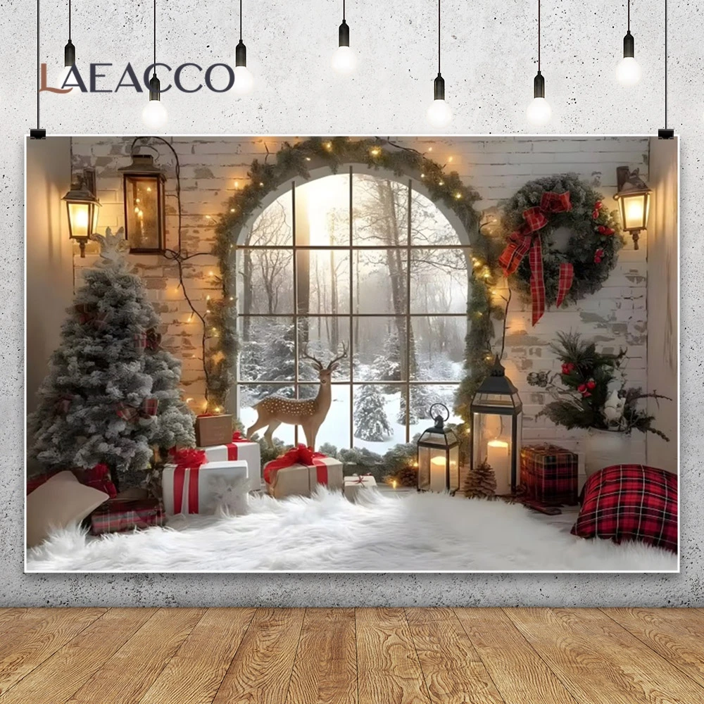 Christmas Wood House Photo Backdrop Winter Snow Forest Xmas Tree Decor Kids Portrait Indoor Photography Background Room Decor