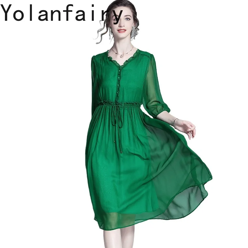 ชุดเดรสไหมมัลเบอร์รี่แท้ 100% ยี่ห้อ YOLANFAIRY สำหรับผู้หญิง ฤดูร้อน หรูหราเบาสบาย ชุดเดรสไหมแท้คุณภาพสูง สีเขียว ชุดเดรสสำหรับผู้หญิง