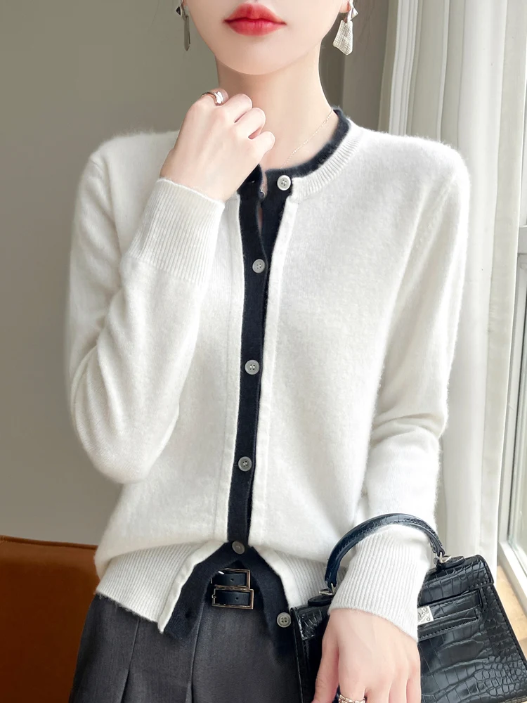 

Women 100% Merino Sweater O-neck Long Sleeve Cardigan Autumn Winter Wool Knitwear Cashmere Block Coat Korean Popular Clothing