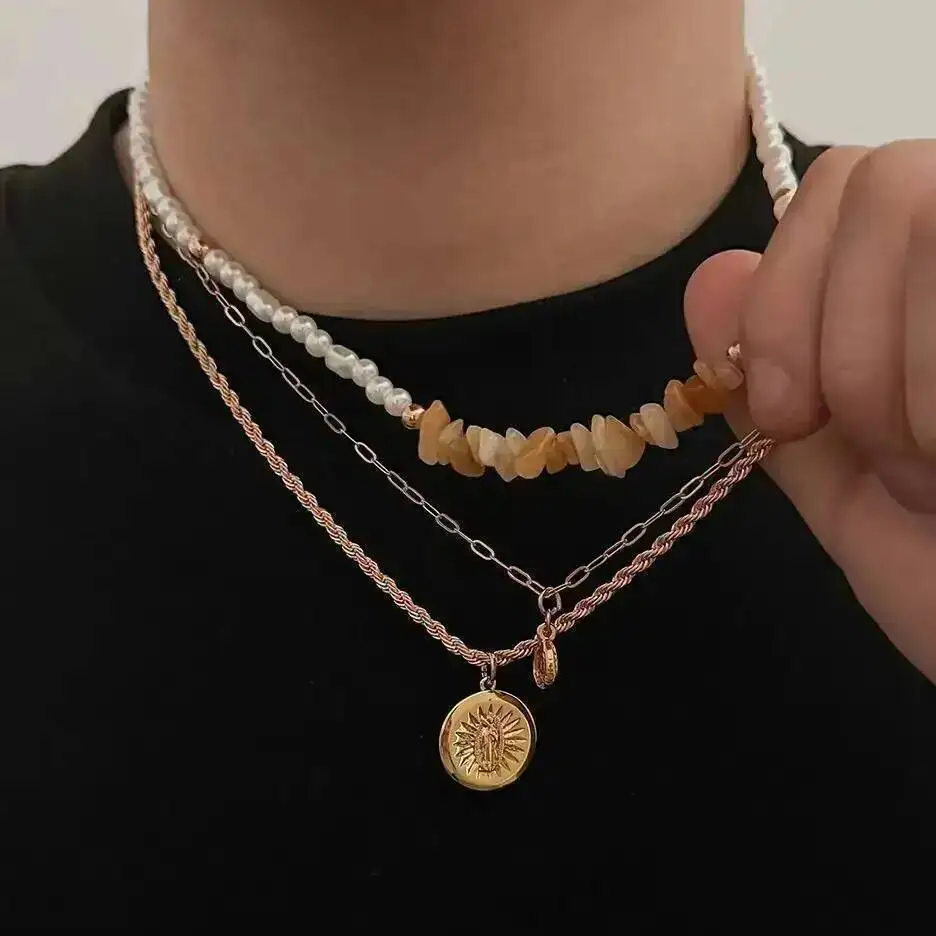 

KunJoe 3Pcs Vintage Metal Sun Coin Pendant Necklace Men Boho Charm Imitation Pearl Acrylic Drill Clavicle Chain Wedding Jewelry