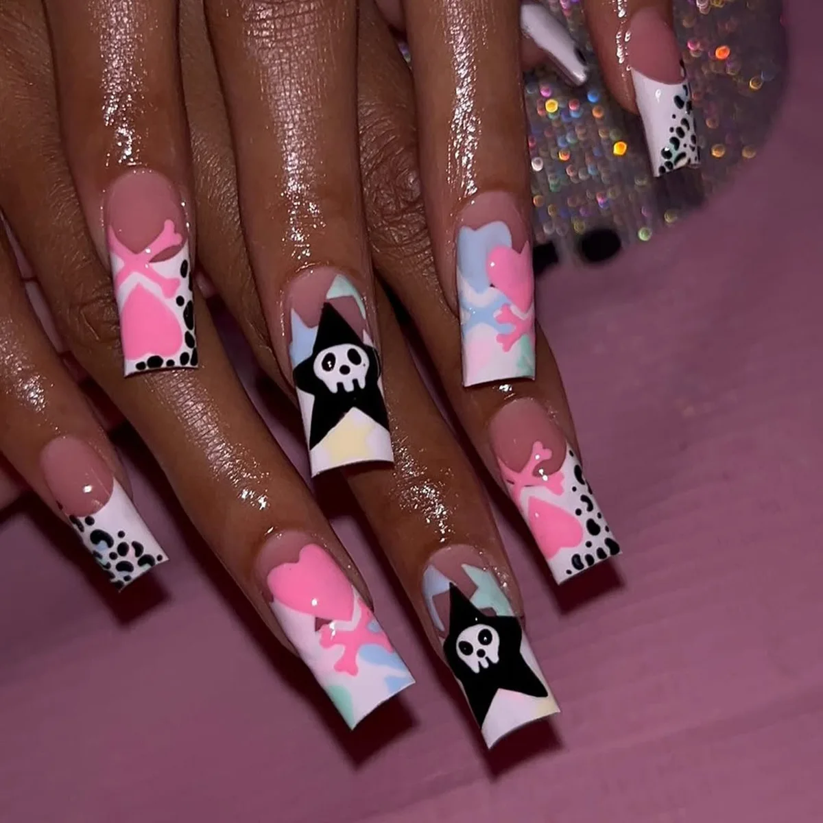 

24PCS Square Shape Fake Nails with Sweet Cool Cow Print Press on Nails Star Swirl Stripe Design Edgy Y2K Removable False Nails