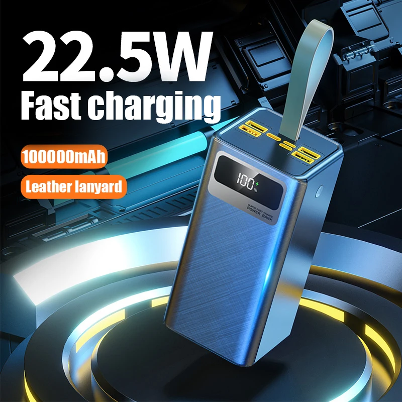 100000mAh power bank, 66W super fast charging, smart digital display, leather lanyard, ultra-large capacity power bank, outdoor camping LED light, outdoor backup power supply.