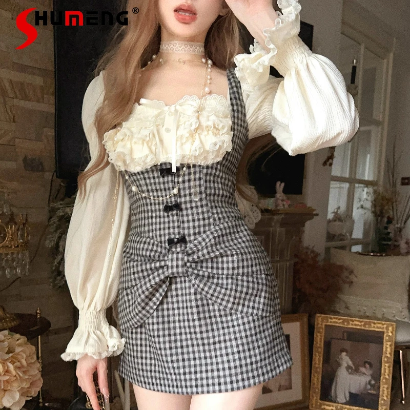 

Japanese Retro Style Sweet Cute Slimming Plaid Wool Strap Dress Women's Y2k Kawaii Big Bowknot Backless Bodycon Dresses Ladies