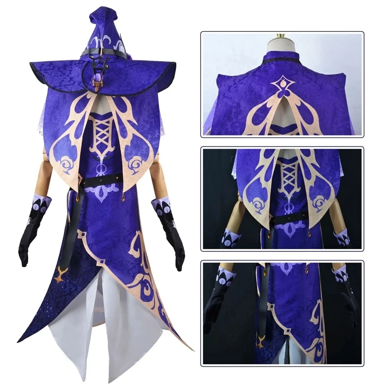 Genshin Impact Lisa Traje de RPG para Adulto, Anime Halloween Costume, Uniforme de Jogo Feminino, Peruca de Carnaval