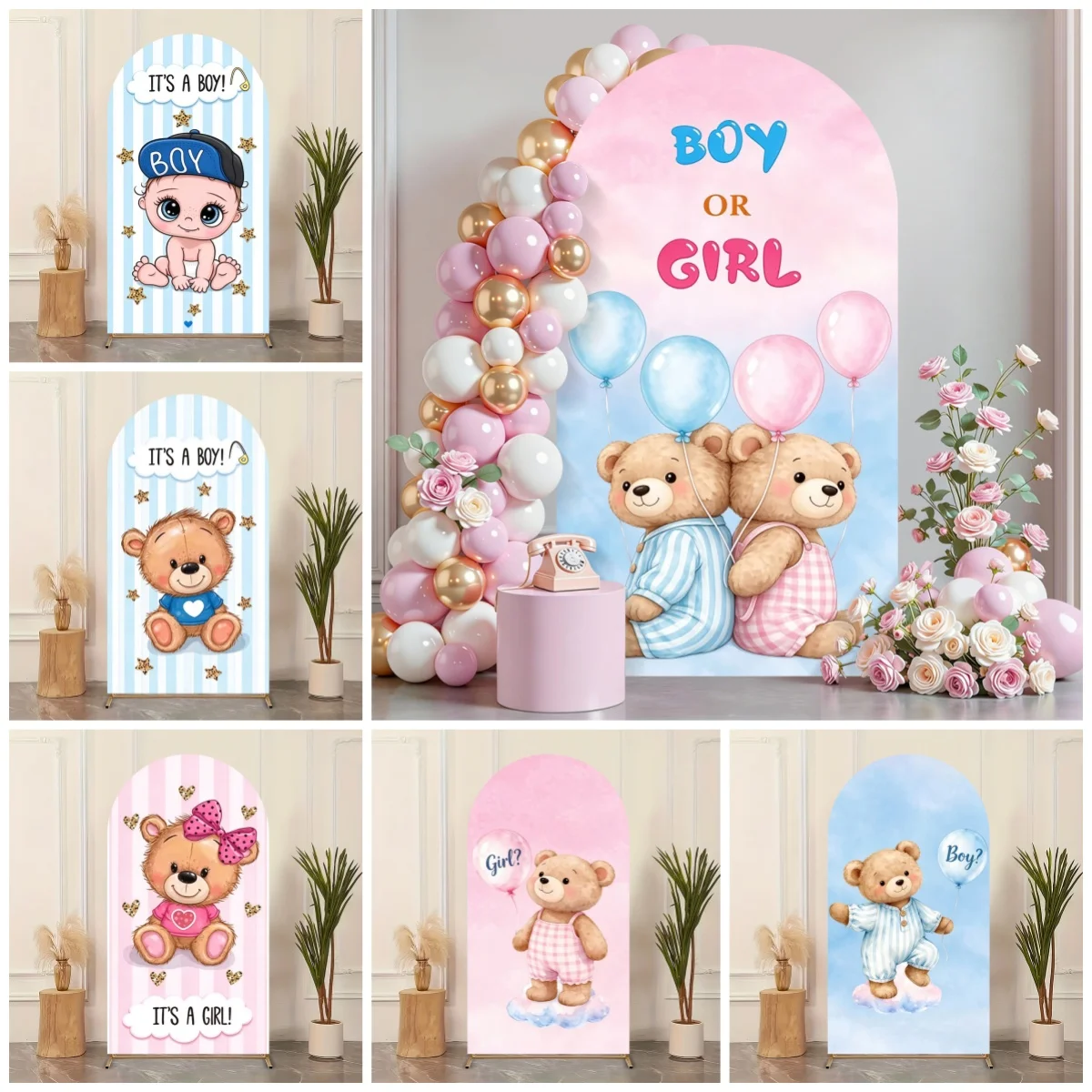 Gender Reveal Party Arch Backdrop Cover Photography Kids Boy Girl Baby Show Cute Bear Pink Blue Customation Decor Background