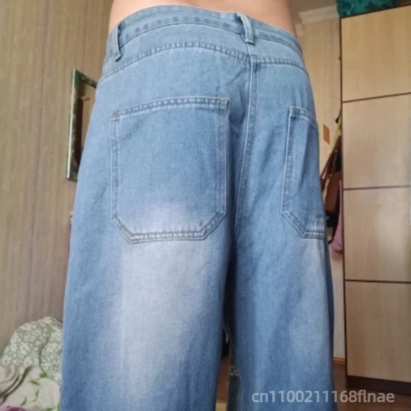 New American Retro Letter Pattern Printed Washed Denim Jeans for Men, Loose Fitting Street Hip-hop Style Floor Pants