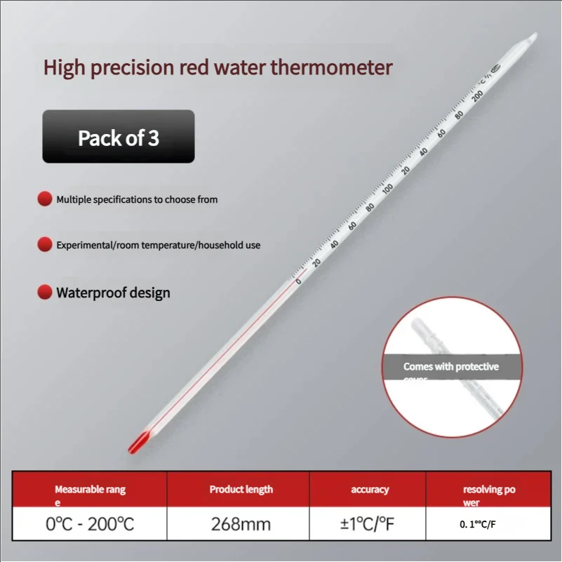 3Pcs Glass Celsius Thermometer 0-200℃ Length 265mm Laboratory Red Liquid Temprature Meter