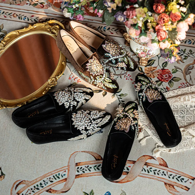 Embroidery Super Fire New Four Seasons Baotou Half Slippers Flat Muller Shoes Zapatillas De Mujer Tacón Zapatos De Mujer Ofertas