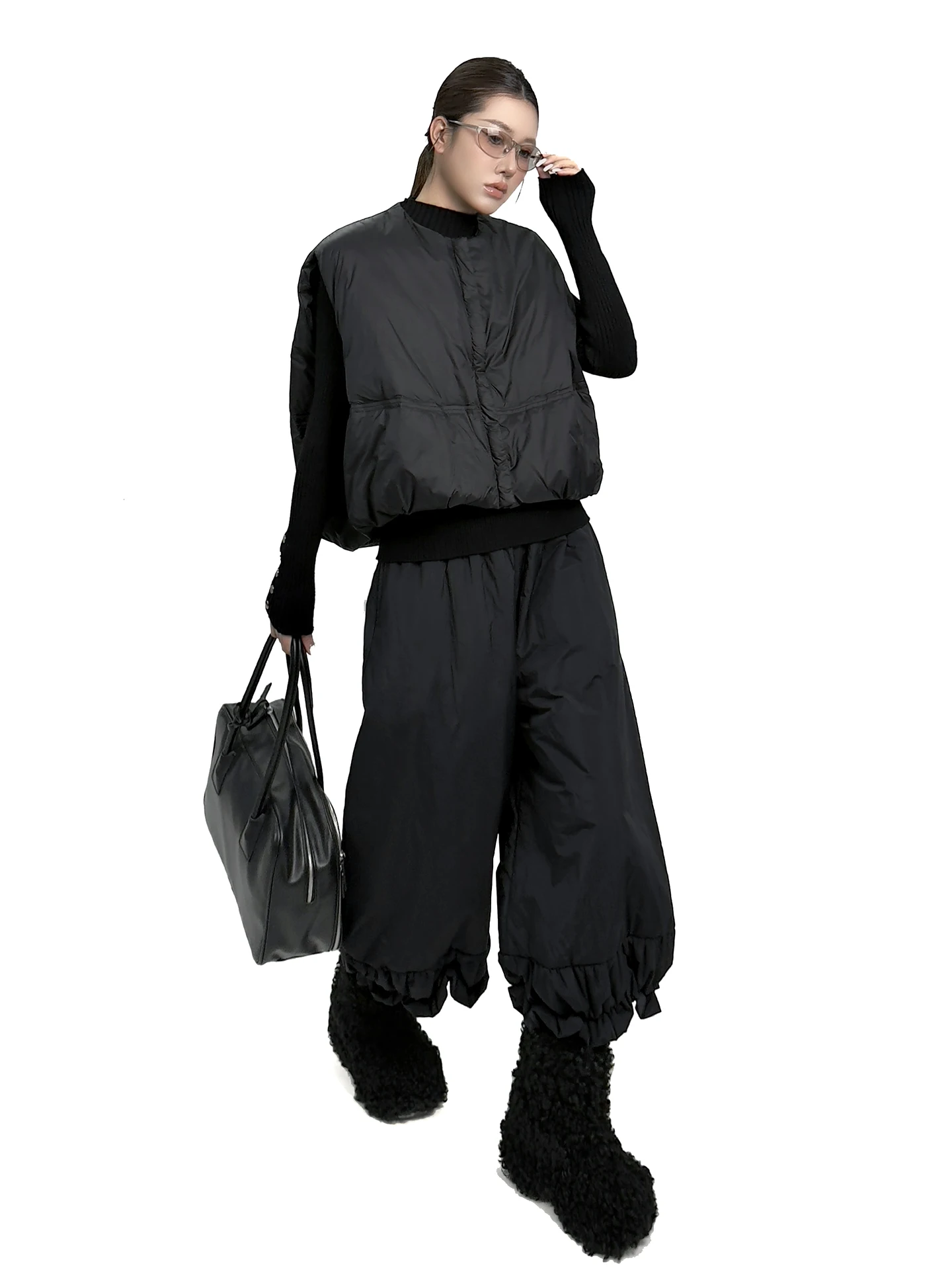

Dark Style Fashion Set Loose Cotton Vest Elastic Waist Petal Wide Leg Pants High Waist Long Pants Zipper Closure Warmth Leisu...