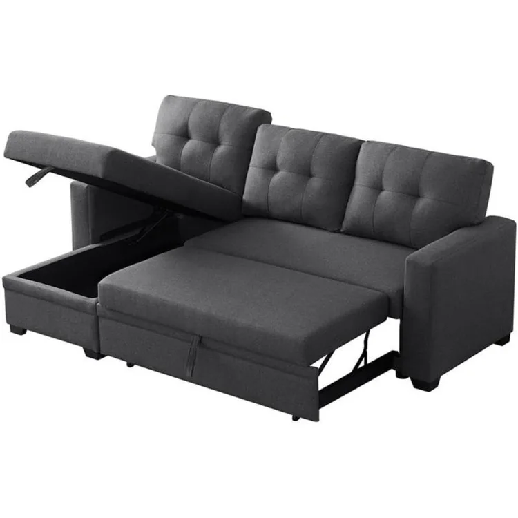 L-Shaped Polyester Fabric Reversible, Easy Convertible Pull-Out Sleeper Sectional Sofa/Storage Chaise