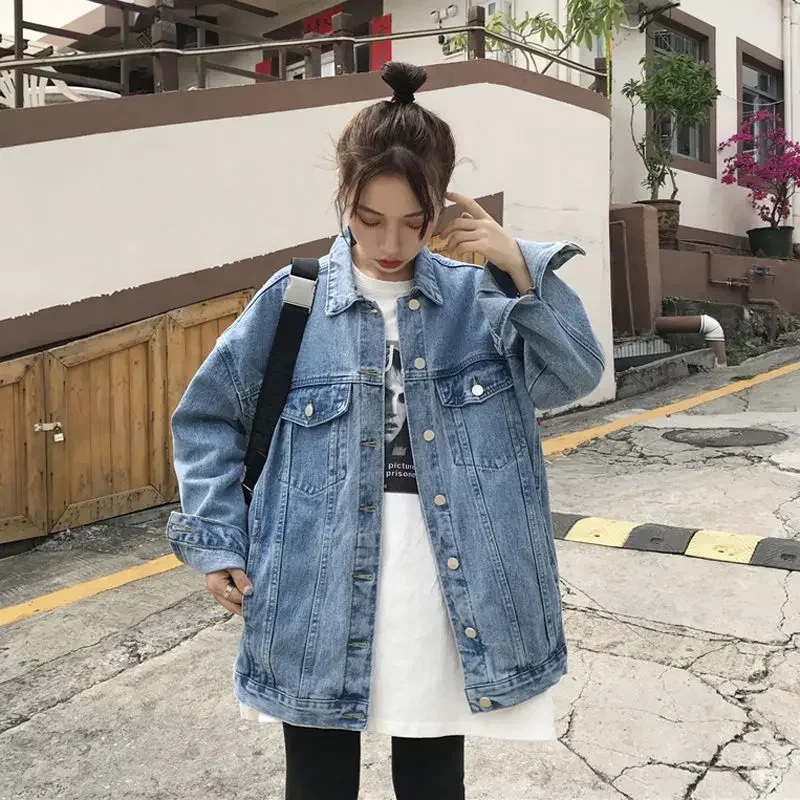 Casual Women Cowboy Coats Jackets Korean Version 2024 New BF Style Loose Medium Long Workwear Long Sleeved Women's Clothing