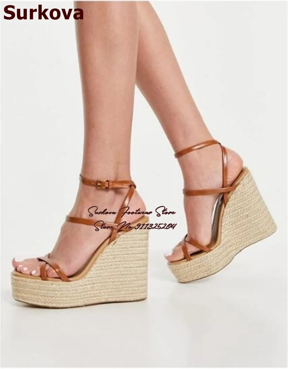 Surkova Beige Rope Espadrille Platform Sandals Wedged Heel Braided Dress Shoes Elegant Brown Matte Buckle Strap Pumps Size 46