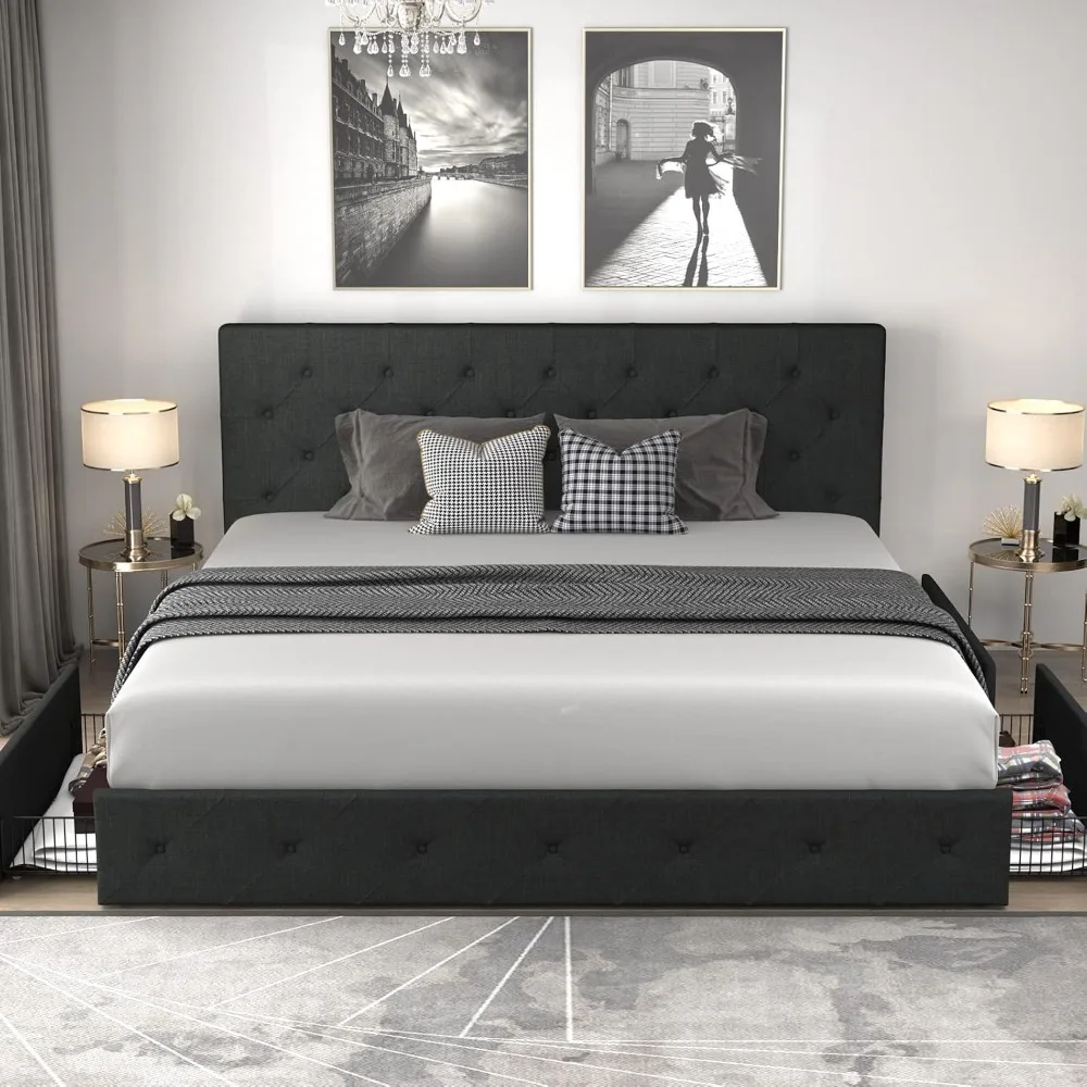 Allewie Upholstered King Size Platform Bed Frame with 4 Storage Drawers and Headboard, Diamond Stitched Button Tufted, Mattress