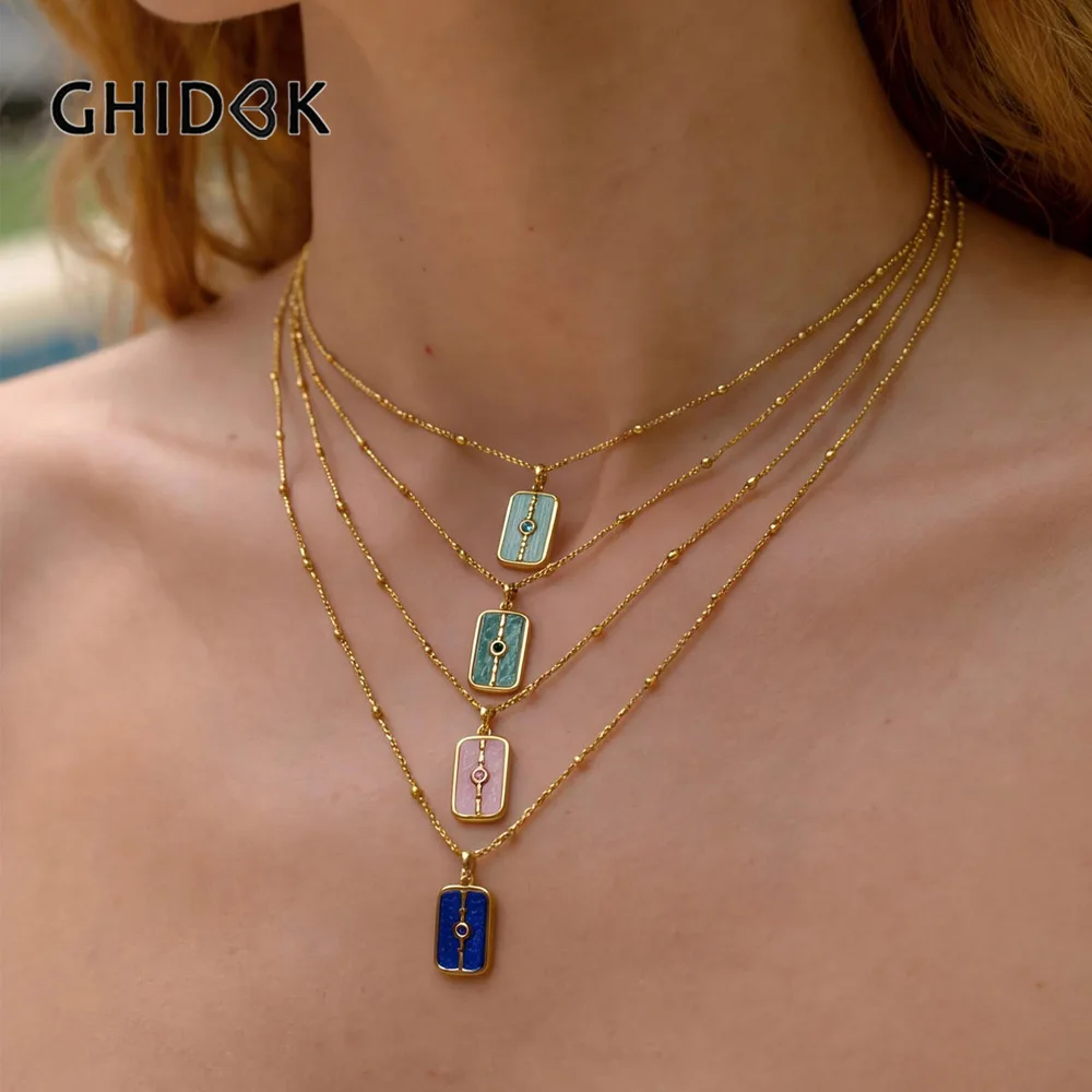 GHIDBK Stainless Steel Dopamine Natural Stone Women Geometric Pendant Necklace Stainless Steel Collarbone Chain Daily Jewelry
