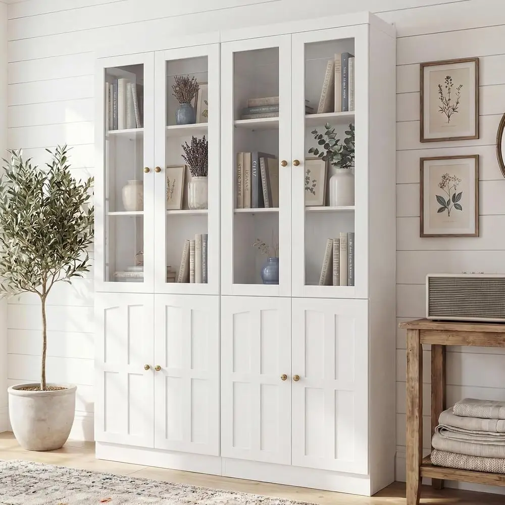80 Inch Tall Bookshelf with Glass Doors and Thickened Top, Adjustable Shelves, Ideal for Living Room or Home Office, White, Set