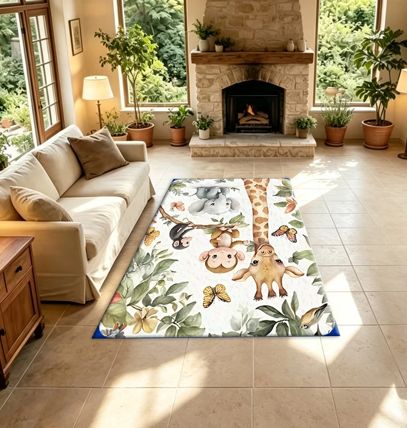 Baby Nursery Jungle Rug - Aquarell-Dschungel-Baby-Tier-Teppich, Giraffe Elefant Affe Schmetterling Blumenmuster