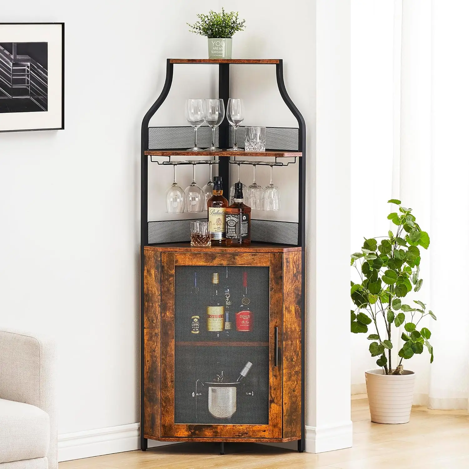 

Corner Wine Cabinet with Detachable Wine Rack, 5-Tier Industrial Corner Bar Cabinet with Barn Door and Glass Holder
